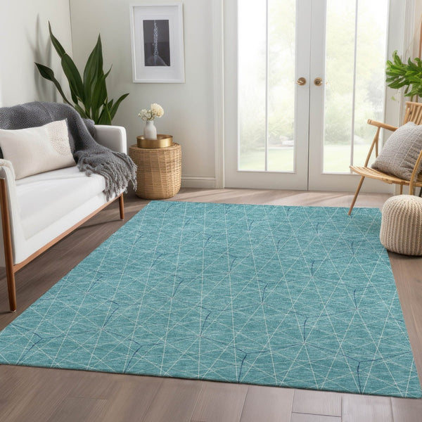 HomeRoots 9' X 12' Teal and Ivory Geometric Area Rug - Washable, UV Protected, Stain Resistant for High-Traffic Areas 677908