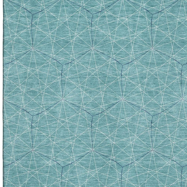 HomeRoots 9' X 12' Teal and Ivory Geometric Area Rug - Washable, UV Protected, Stain Resistant for High-Traffic Areas 677908