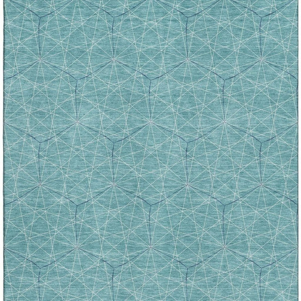 HomeRoots 9' X 12' Teal and Ivory Geometric Area Rug - Washable, UV Protected, Stain Resistant for High-Traffic Areas 677908