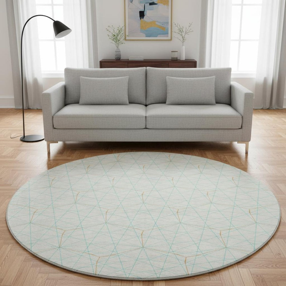 HomeRoots 8' Vibrant Geometric Washable Round Rug in White, Teal & Orange - UV-Protected for Easy Care! 677912