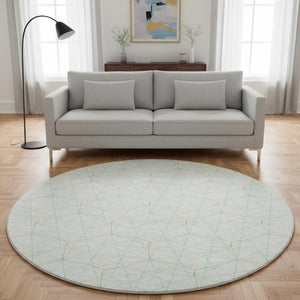 HomeRoots 8' Vibrant Geometric Washable Round Rug in White, Teal & Orange - UV-Protected for Easy Care! 677912