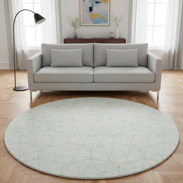 HomeRoots 8' Vibrant Geometric Washable Round Rug in White, Teal & Orange - UV-Protected for Easy Care! 677912