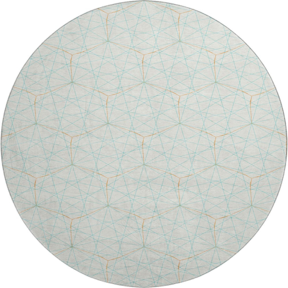 HomeRoots 8' Vibrant Geometric Washable Round Rug in White, Teal & Orange - UV-Protected for Easy Care! 677912