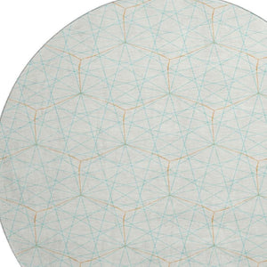 HomeRoots 8' Vibrant Geometric Washable Round Rug in White, Teal & Orange - UV-Protected for Easy Care! 677912