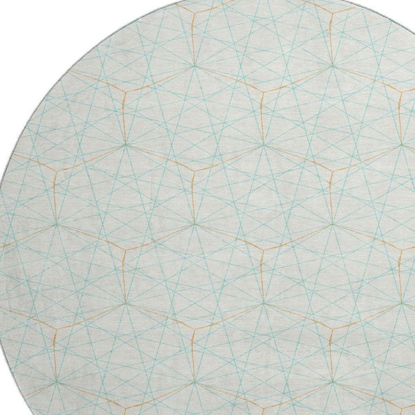 HomeRoots 8' Vibrant Geometric Washable Round Rug in White, Teal & Orange - UV-Protected for Easy Care! 677912