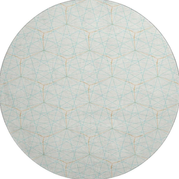 HomeRoots 8' Vibrant Geometric Washable Round Rug in White, Teal & Orange - UV-Protected for Easy Care! 677912