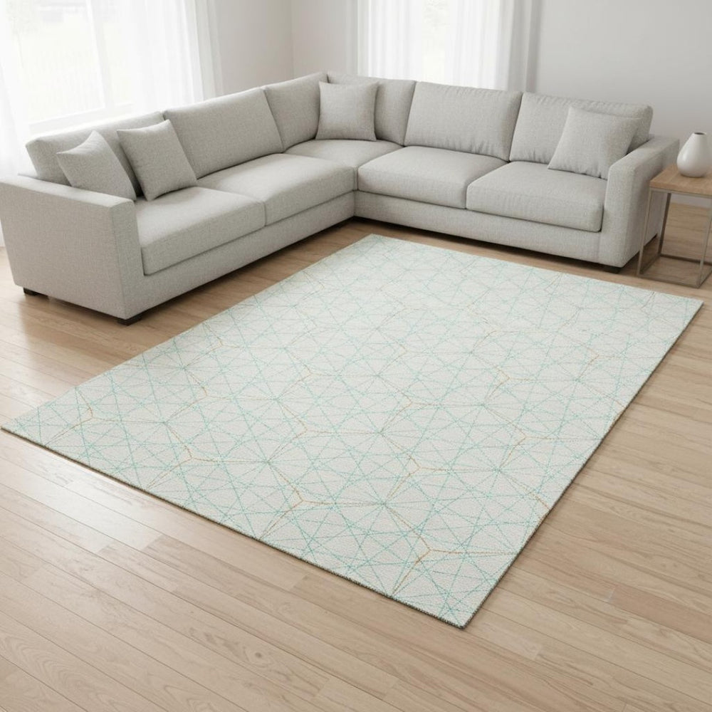 HomeRoots 9' X 12' Modern Geometric Washable Area Rug in White, Teal & Orange - UV Resistant & Easy Care 677914