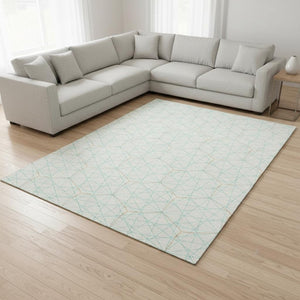 HomeRoots 9' X 12' Modern Geometric Washable Area Rug in White, Teal & Orange - UV Resistant & Easy Care 677914