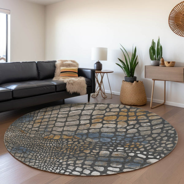 HomeRoots 8' Charcoal, Copper & Blue Abstract Geometric Rug - Washable, Durable, UV Protected for Modern Homes 677918