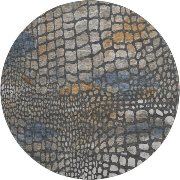 HomeRoots 8' Charcoal, Copper & Blue Abstract Geometric Rug - Washable, Durable, UV Protected for Modern Homes 677918