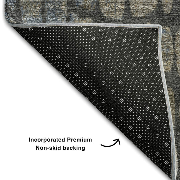 HomeRoots 8' Charcoal, Copper & Blue Abstract Geometric Rug - Washable, Durable, UV Protected for Modern Homes 677918