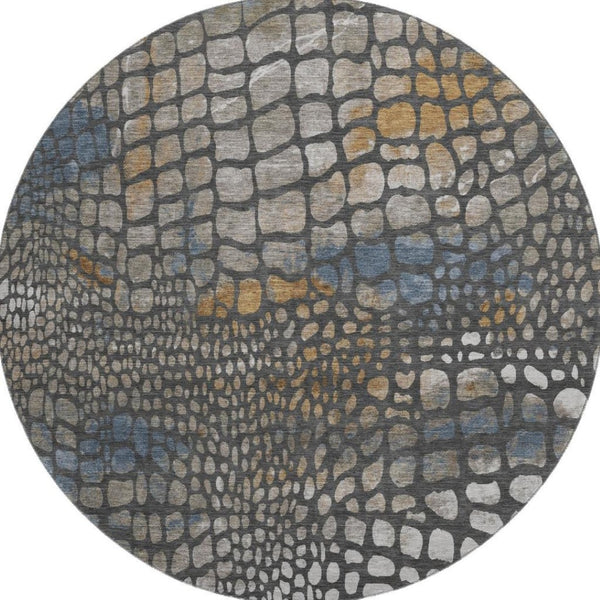HomeRoots 8' Charcoal, Copper & Blue Abstract Geometric Rug - Washable, Durable, UV Protected for Modern Homes 677918