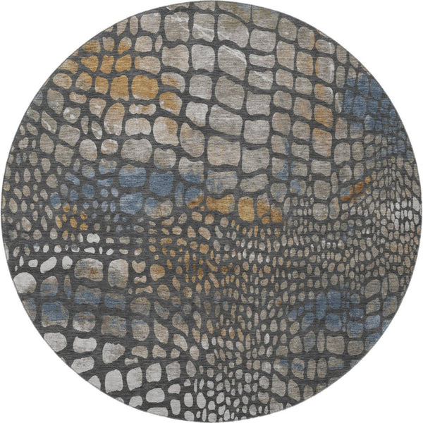HomeRoots 8' Charcoal, Copper & Blue Abstract Geometric Rug - Washable, Durable, UV Protected for Modern Homes 677918