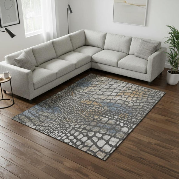 HomeRoots 8' X 10' Modern Abstract Geometric Area Rug in Charcoal, Copper & Blue – Washable & UV-Protected! 677919