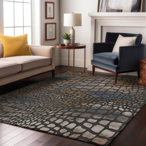 HomeRoots 8' X 10' Modern Abstract Geometric Area Rug in Charcoal, Copper & Blue – Washable & UV-Protected! 677919