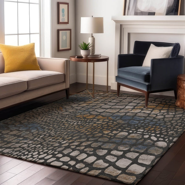 HomeRoots 8' X 10' Modern Abstract Geometric Area Rug in Charcoal, Copper & Blue – Washable & UV-Protected! 677919