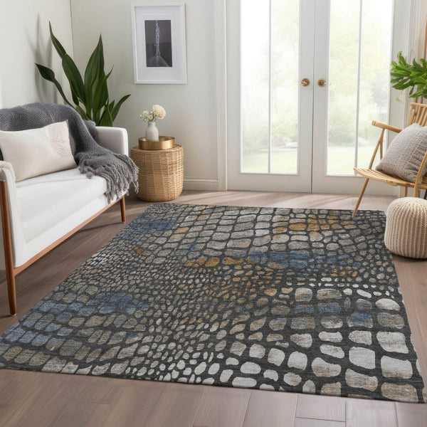 HomeRoots 8' X 10' Modern Abstract Geometric Area Rug in Charcoal, Copper & Blue – Washable & UV-Protected! 677919
