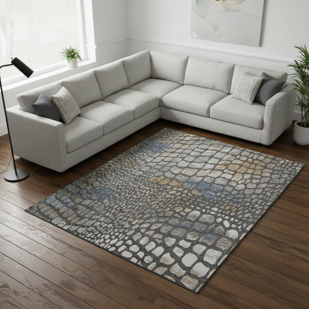 HomeRoots 9' X 12' Contemporary Abstract Geometric Area Rug in Charcoal, Copper & Blue – Washable & UV Protective 677920