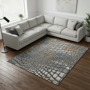 HomeRoots 9' X 12' Contemporary Abstract Geometric Area Rug in Charcoal, Copper & Blue – Washable & UV Protective 677920