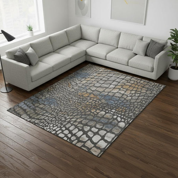 HomeRoots 10' X 14' Stylish Charcoal Copper And Blue Abstract Area Rug - Durable, Washable, UV Protected Design 677921