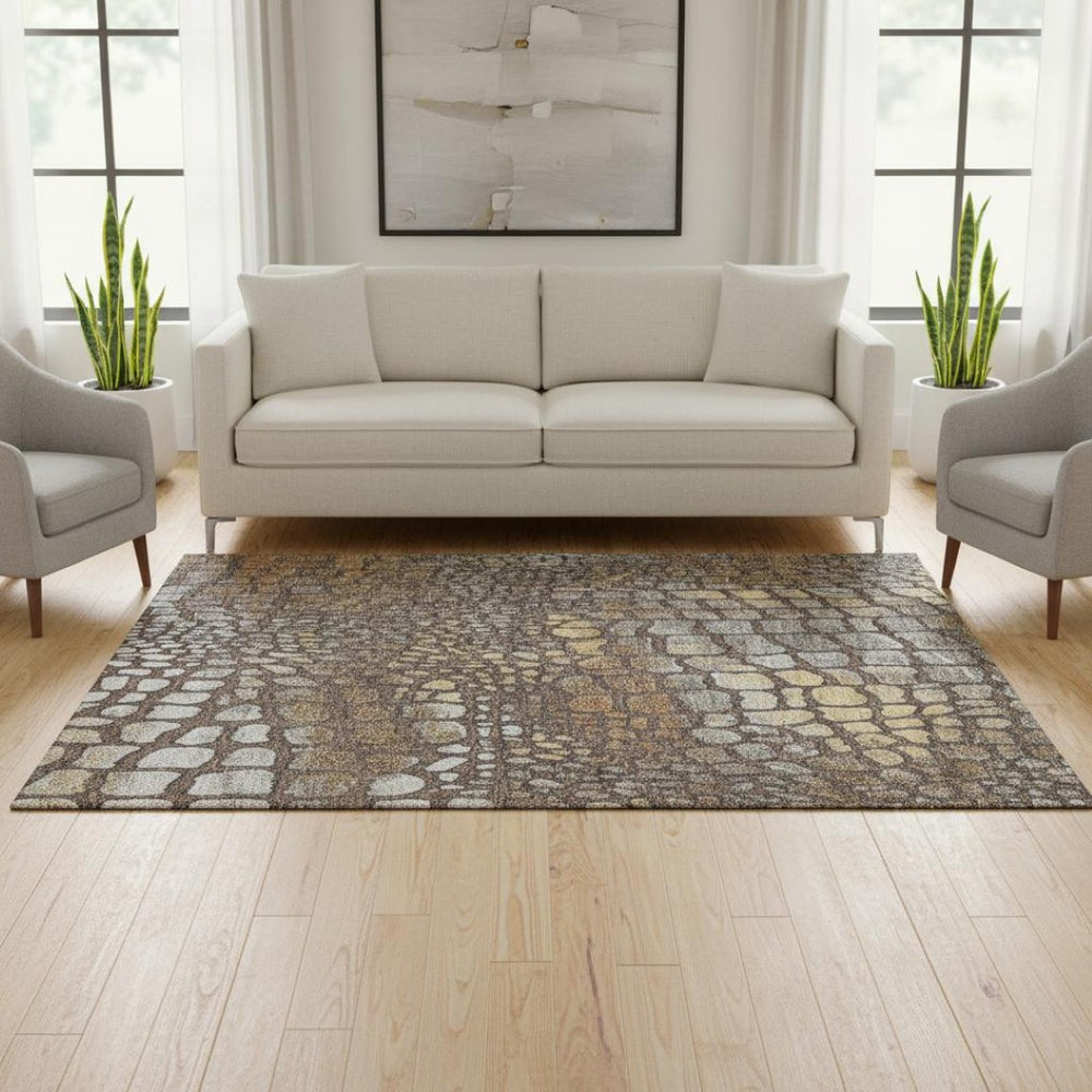 HomeRoots 5' X 8' Stylish Chocolate Gold Gray Abstract Area Rug - Washable, UV Protected, Perfect for Homes! 677923