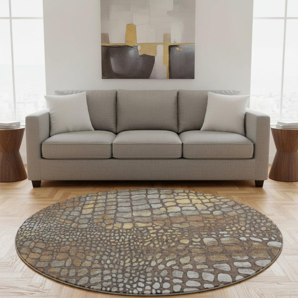 HomeRoots 8' Stunning Chocolate Gold & Gray Abstract Round Rug - Washable, UV-Protected, Pet-Friendly Design! 677924