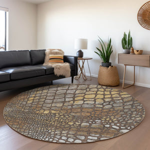 HomeRoots 8' Stunning Chocolate Gold & Gray Abstract Round Rug - Washable, UV-Protected, Pet-Friendly Design! 677924