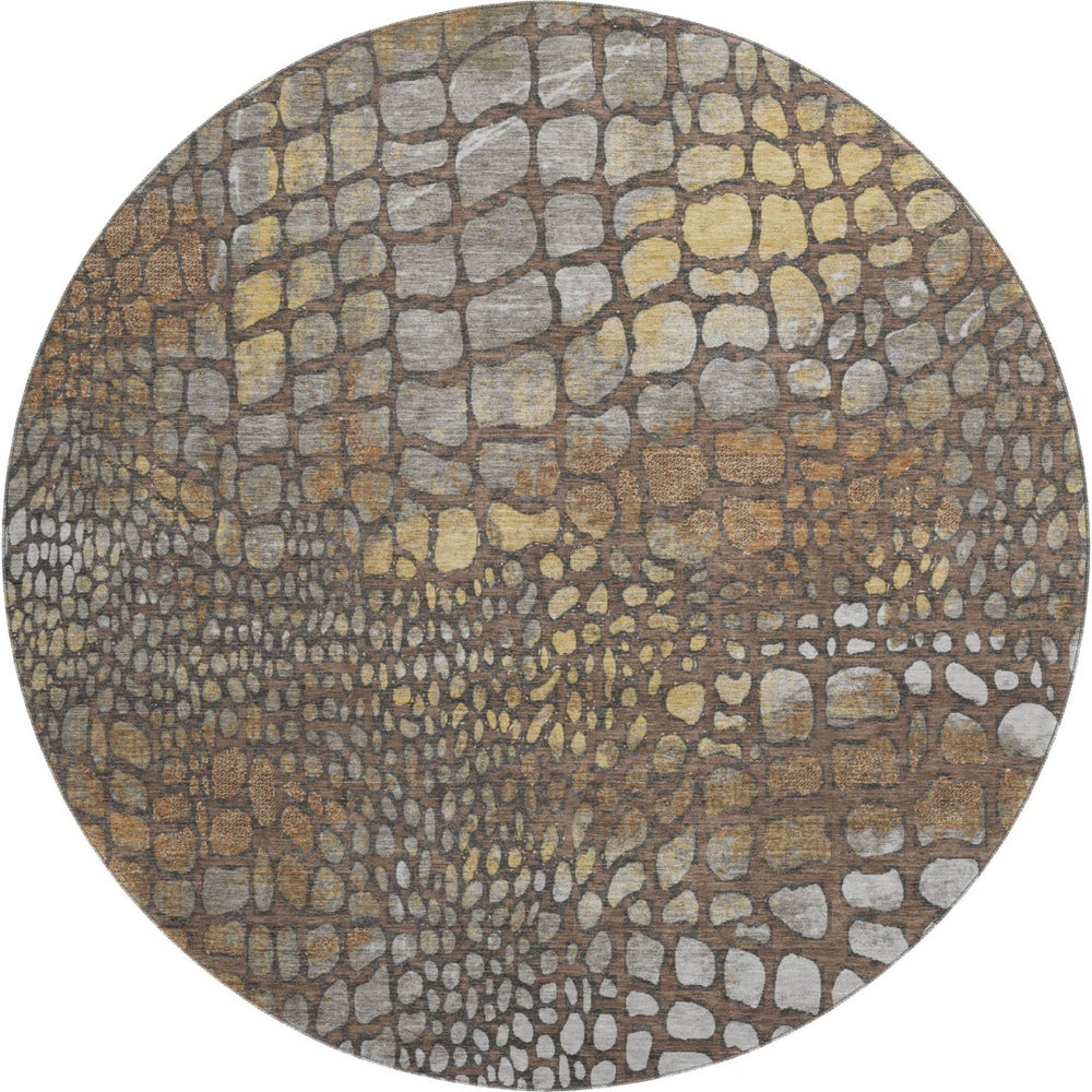 HomeRoots 8' Stunning Chocolate Gold & Gray Abstract Round Rug - Washable, UV-Protected, Pet-Friendly Design! 677924