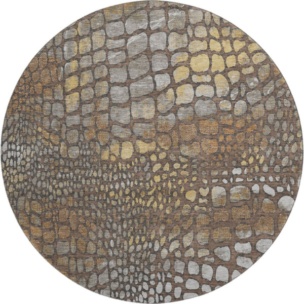 HomeRoots 8' Stunning Chocolate Gold & Gray Abstract Round Rug - Washable, UV-Protected, Pet-Friendly Design! 677924