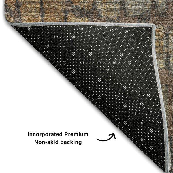 HomeRoots 8' Stunning Chocolate Gold & Gray Abstract Round Rug - Washable, UV-Protected, Pet-Friendly Design! 677924