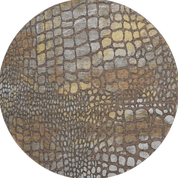 HomeRoots 8' Stunning Chocolate Gold & Gray Abstract Round Rug - Washable, UV-Protected, Pet-Friendly Design! 677924