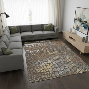 HomeRoots 8' X 10' Washable Abstract Area Rug in Chocolate, Gold & Gray – UV Protected, Stylish & Durable Design 677925