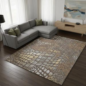 HomeRoots 9' X 12' Washable Abstract Geometric Area Rug in Chocolate, Gold & Gray - UV Protected & Stain-Resistant 677926