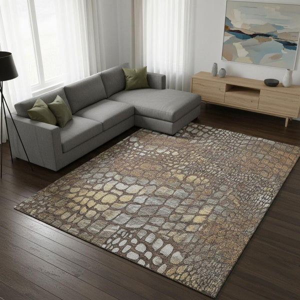 HomeRoots 9' X 12' Washable Abstract Geometric Area Rug in Chocolate, Gold & Gray - UV Protected & Stain-Resistant 677926