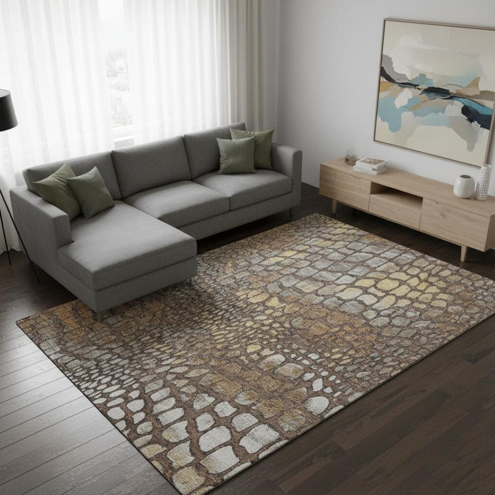 HomeRoots 10' X 14' Washable Area Rug with Geometric Design in Chocolate, Gold & Gray - Durable & UV Resistant 677927