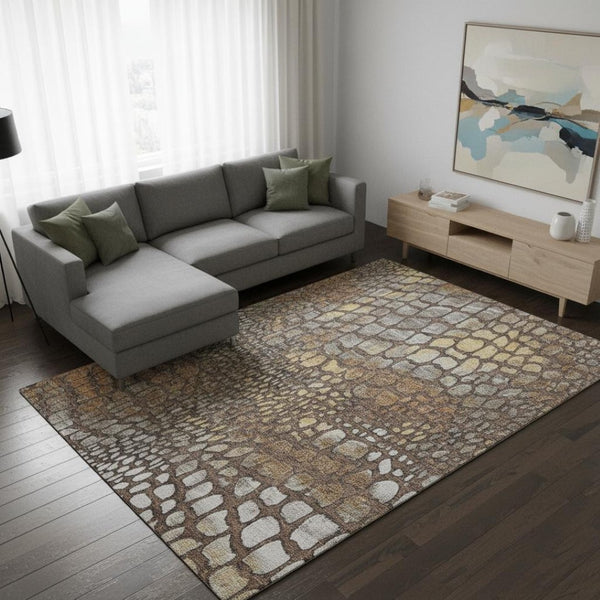 HomeRoots 10' X 14' Washable Area Rug with Geometric Design in Chocolate, Gold & Gray - Durable & UV Resistant 677927