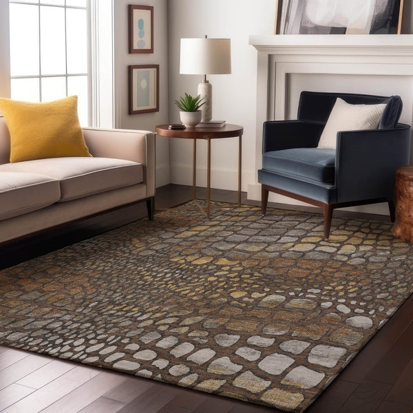 HomeRoots 10' X 14' Washable Area Rug with Geometric Design in Chocolate, Gold & Gray - Durable & UV Resistant 677927