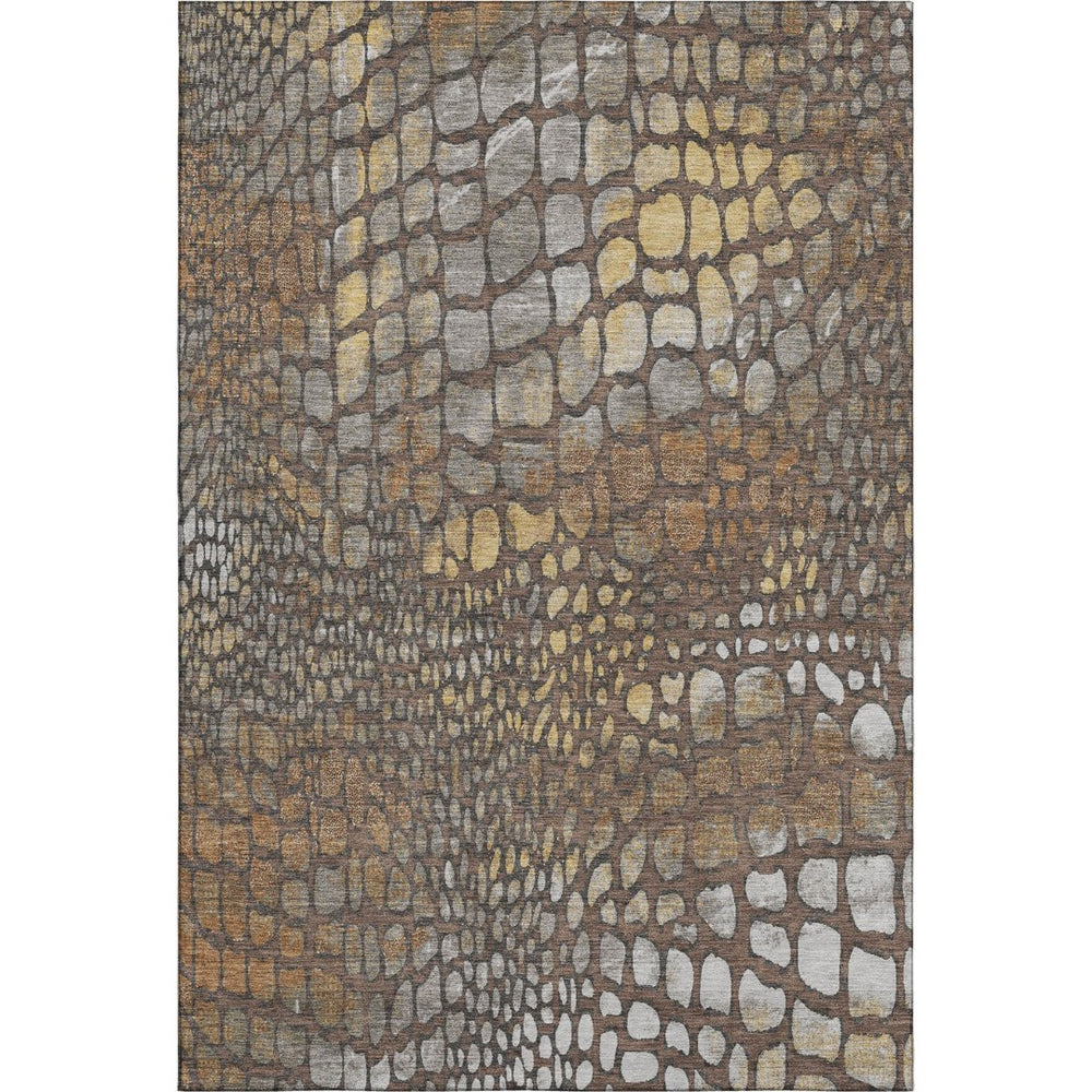 HomeRoots 10' X 14' Washable Area Rug with Geometric Design in Chocolate, Gold & Gray - Durable & UV Resistant 677927