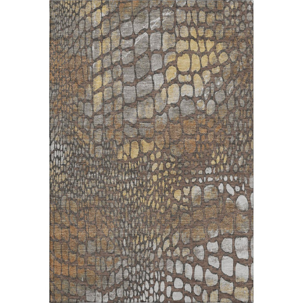 HomeRoots 10' X 14' Washable Area Rug with Geometric Design in Chocolate, Gold & Gray - Durable & UV Resistant 677927