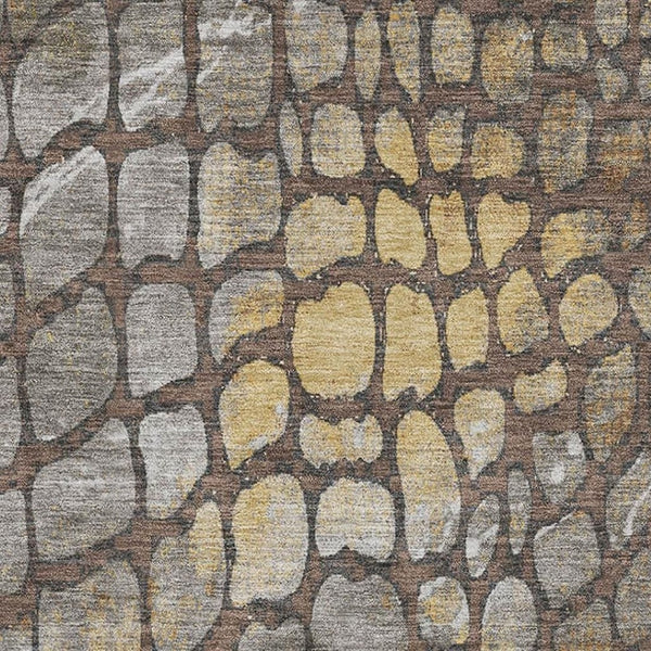 HomeRoots 10' X 14' Washable Area Rug with Geometric Design in Chocolate, Gold & Gray - Durable & UV Resistant 677927