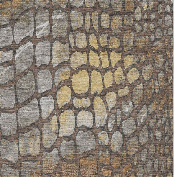 HomeRoots 10' X 14' Washable Area Rug with Geometric Design in Chocolate, Gold & Gray - Durable & UV Resistant 677927