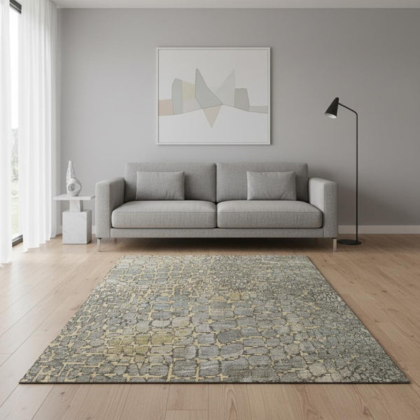 HomeRoots 5' Gold, Gray & Silver Abstract Geometric Washable Area Rug - Durable, UV Protected & Stylish! 677929