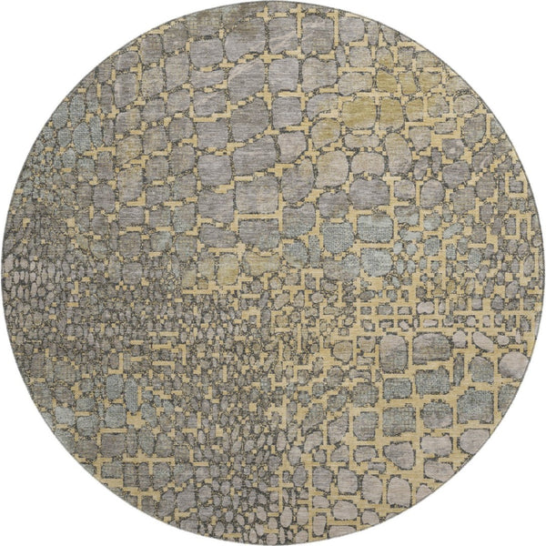 HomeRoots 8' Gold Gray and Silver Abstract Geometric Round Rug - Washable, UV Protected, Perfect for Homes! 677930