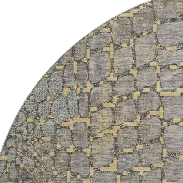 HomeRoots 8' Gold Gray and Silver Abstract Geometric Round Rug - Washable, UV Protected, Perfect for Homes! 677930