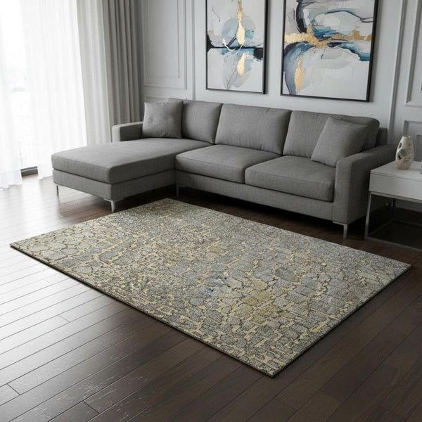 HomeRoots 9' X 12' Gold Gray Silver Abstract Area Rug - Washable, Stain-Resistant, UV Protected, Durable Design 677932