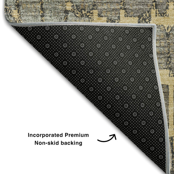 HomeRoots 9' X 12' Gold Gray Silver Abstract Area Rug - Washable, Stain-Resistant, UV Protected, Durable Design 677932