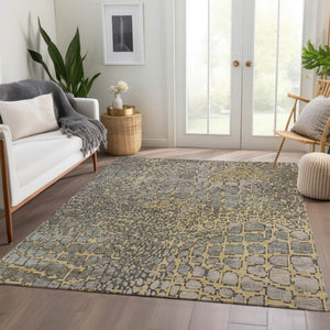 HomeRoots 9' X 12' Gold Gray Silver Abstract Area Rug - Washable, Stain-Resistant, UV Protected, Durable Design 677932