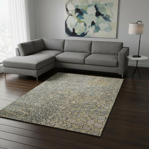 HomeRoots 10' Modern Gold Gray Silver Abstract Geometric Area Rug - Washable, Stain Resistant & UV Protected! 677933