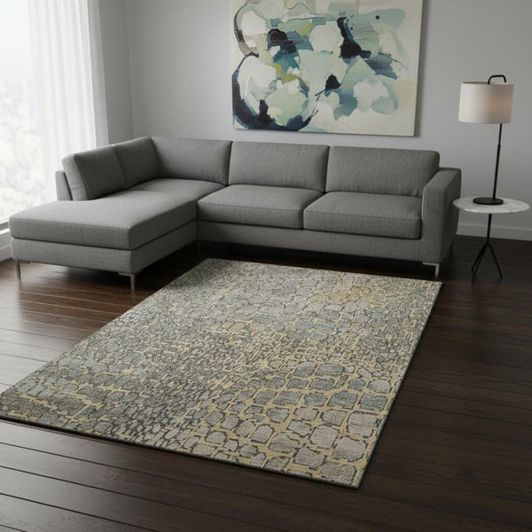 HomeRoots 10' Modern Gold Gray Silver Abstract Geometric Area Rug - Washable, Stain Resistant & UV Protected! 677933