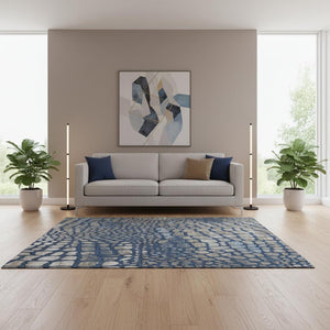 HomeRoots 5' X 8' Washable Navy Blue Gray Taupe Abstract Geometric Area Rug with UV Protection for Durability 677935